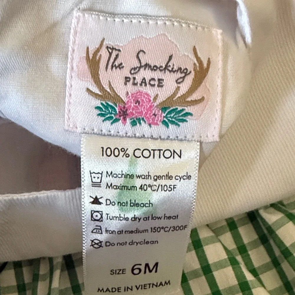The Smocking Place Tractor Bubble Romper 6M Green Gingham Boys 100% Cotton